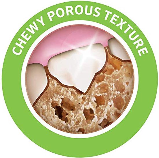 Close-up van een close-up van de textuur van de Dentalife-snack, 'Chewy Porous Texture'.