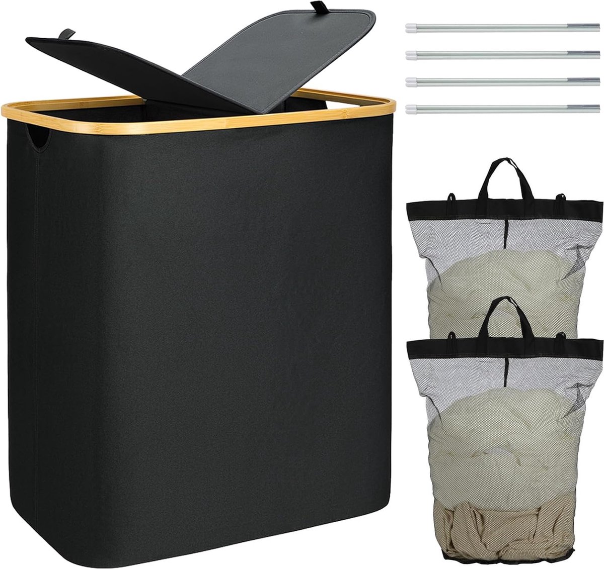 Goedkoopste Wasmand 2 vakken 140 liter met bamboe handvat en uitneembare waszak - Opvouwbare wasverzamelaar met deksel - Zwart