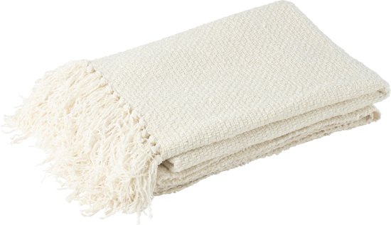 J-Line Plaid tissé + franges - viscose - blanc - 180 x 130 cm