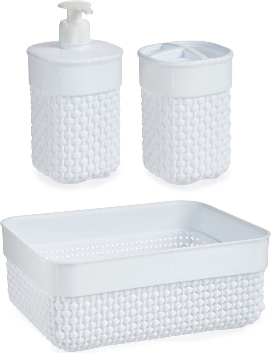 Berilo Badkamer accessoires set - 3-delig - wit - kunststof - Mandje - Zeeppompje - Tandenborstelbeker