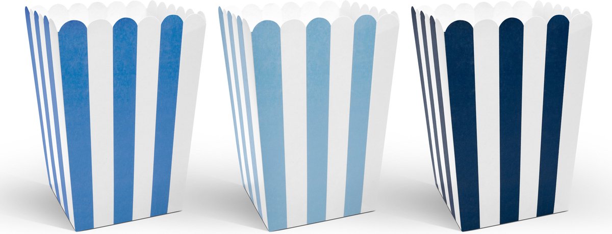 Partydeco Gestreepte popcorn bakjes blauw - 6x stuks - 7,5 x 7,5 x 12,5 cm - Snoep bakjes