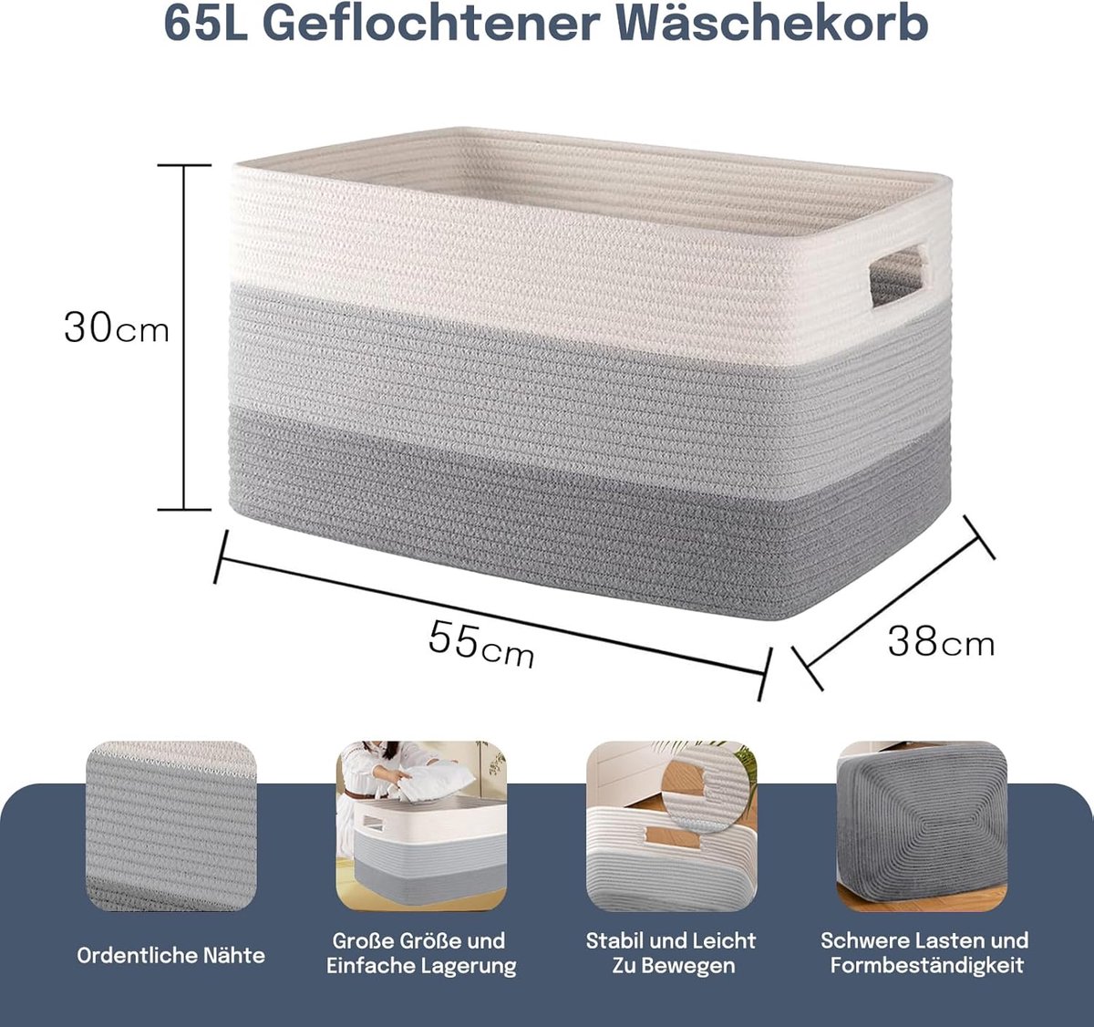 Goedkoopste Gevlochten mand opslag 65 l - opvouwbare wasverzamelaar kinderkamer - opbergmand voor baby speelgoed - dekens wasmand