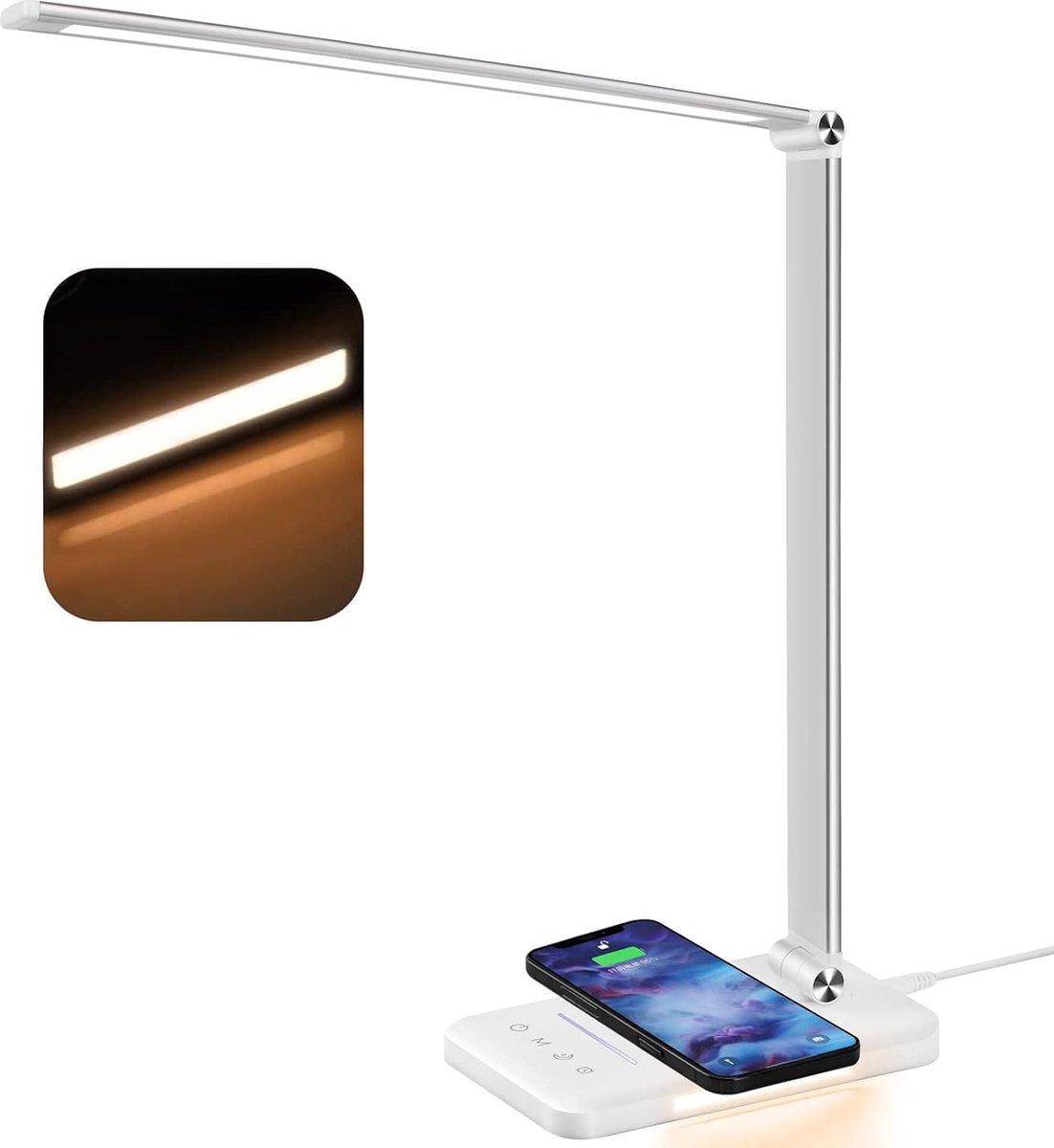 Draadloze Oplaadbare Bureaulamp - Dimbaar met Helderheidsregeling - Stijlvol Design - 360 Graden Verstelbaar - Draadloze Oplaadfunctie - Geschikt voor Monitors - Moderne Verlichting voor Werk en Studie