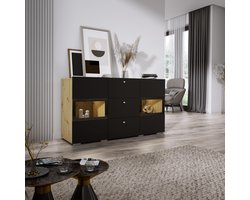 Meubel Square - Dressoir Belix - Eiken / Mat Zwart - Commode met LED-verlichting