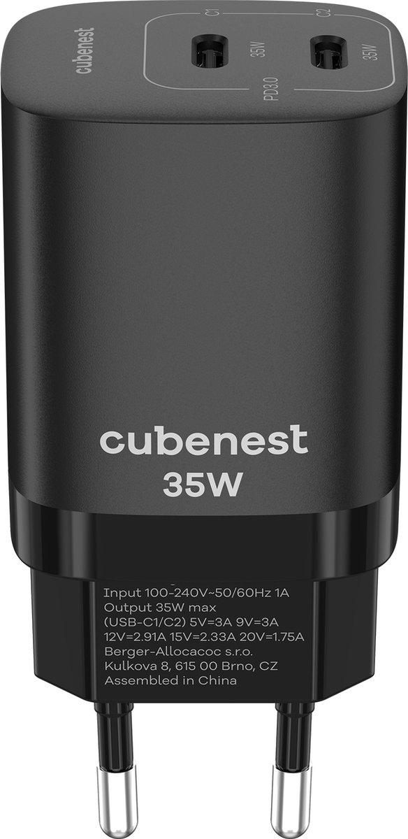Cubenest PD GaN S2D1 Dubbele USB-C Adapter - 35W Power Delivery 3.0 - Dubbele USB C Poort Oplader USB Stekker - Gesicht voor Apple iPhone 12/13/14/15 - iPhone Oplader - Gesicht voor Samsung Galaxy S24/S23/S22/S21 - Snellader - Snellader - USB-C - USB