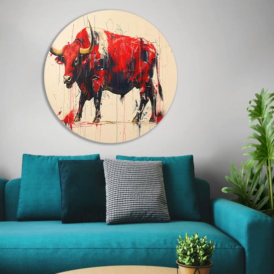 Tableau taureau rond - Plats muraux animaux - Cercles muraux Peinture - Décoration murale industrielle - Cercle mural - Décoration chambre cercle mural forex 100x100 cm