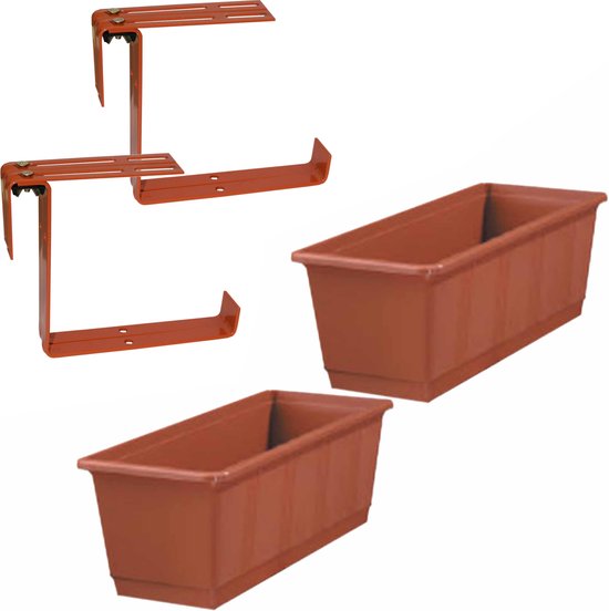 Foto: Set van 2 kunststof plantenbakken terracotta rechthoekig 40 cm met 4 verstelbare railing balkonbeugels