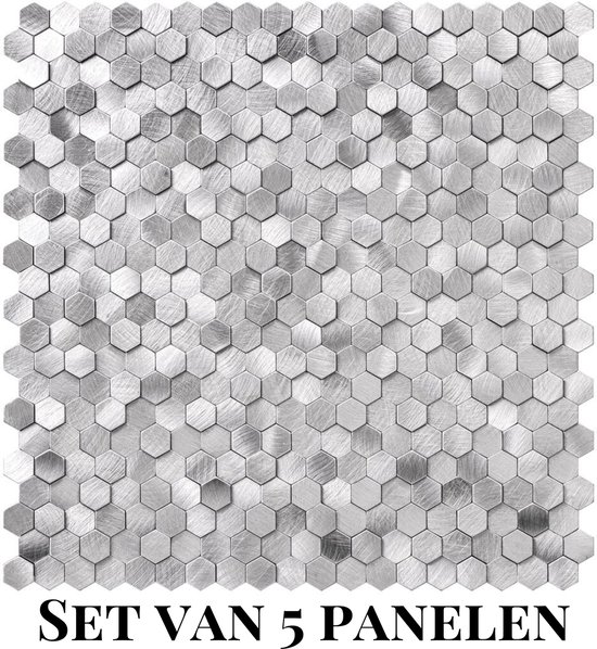 Set van 5 zilverkleurige aluminium hexagon tegels met geborstelde afwerking.