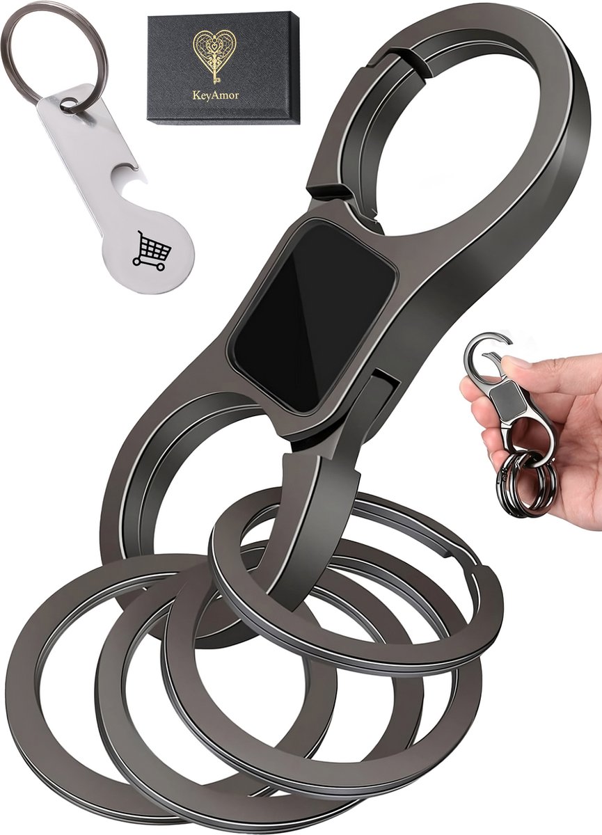Luxe Metaal Dubbelzijdig Karabijnhaak Sleutelhanger met Sleutelringen, Flesopener & Winkelwagen muntje - Musketon Keychain - Karabijn haak Auto - Carabiner Keychain - Musketonhaak voor Volwassen, Mannen, Vrouwen - Carabijnhaak Sleutel Hanger - Zwart
