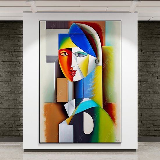 JJ-Art (Aluminium) 90x60 | Femme cubisme abstrait dans le style Picasso - art - salon - chambre | bleu, marron, rouge, jaune, vert, moderne | Impression Photo-Painting sur Dibond (décoration murale métal) | CHOISISSEZ VOTRE TAILLE