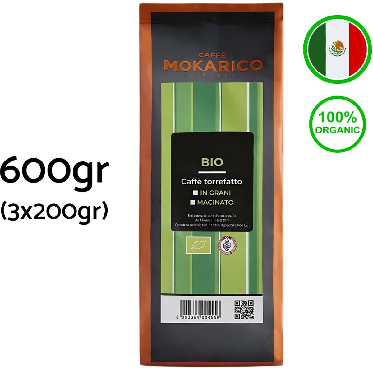 Goedkoopste Biologische koffie uit Mexico - Mokarico Bio - Italiaanse koffiebonen - 600gr - 3 x 200gr