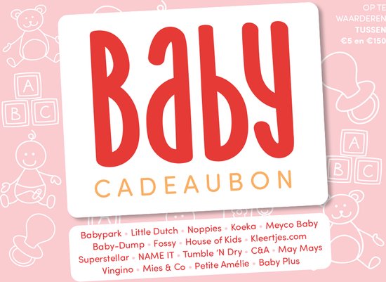 Baby Cadeaubon op roze achtergrond met teddyberen, baby's en fopspenen. Merkenlijst onderaan.