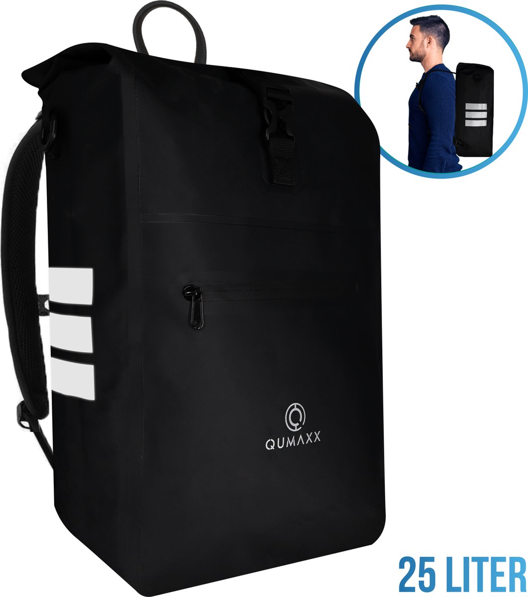 3 in 1 Luxe Fietstas Zwart Qumaxx 25 liter – Met Laptopvak - Ook geschikt als Rugzak en Schoudertas- Enkele Fietstas Waterdicht – Fietstassen Electrische Fietsen en Gewone Fietsen – Met Reflectoren - Fietstas voor Bagagedrager