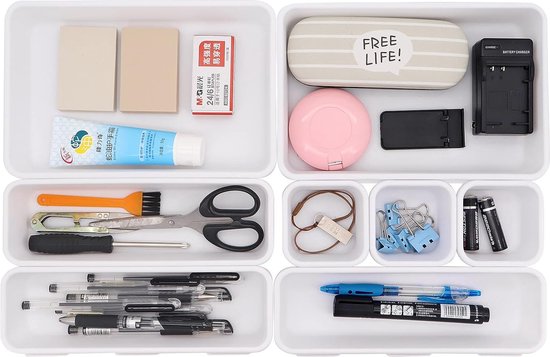 Set van 8 lade-organizers voor kantoor, 3 maten, lade-organizer voor keuken, kunststof, lade-organizer voor het opbergen van lade, make-up, kantoor, keuken, badkamer