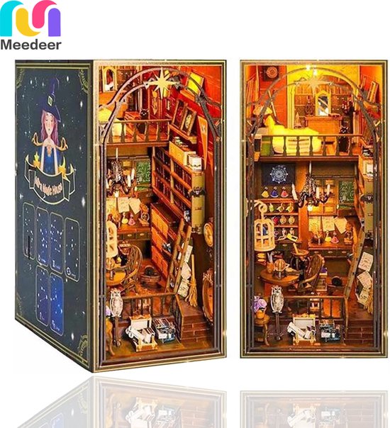 Foto: Meedeer diy magic book nook kit mira magisch huis diy miniatuur poppen huis met led licht en meubels doe het zelf houten poppenhuis kit puzzel huis model bouwsets thuis boekenplank decor