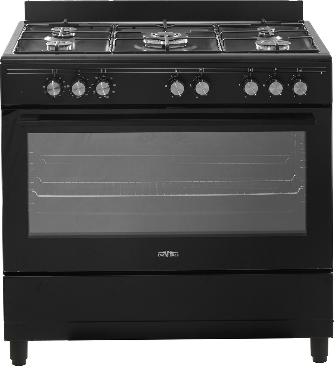 Everglades EVCK9010 - Gasfornuis - Mat Zwart - 90CM - 96 Liter - 8 Ovenstanden - Turbo Hete Lucht Oven - Timer - Wokbrander - 5 Jaar Garantie