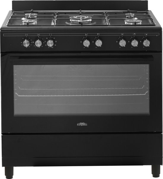 Everglades EVCK9010 - Gasfornuis - Mat Zwart - 90CM - 96 Liter - 8 Ovenstanden - Turbo Hete Lucht Oven - Timer - Wokbrander - 5 Jaar Garantie