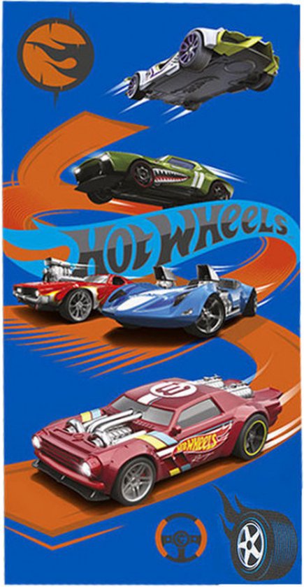 Blauw strandlaken met Hot Wheels auto's en oranje racestrip.