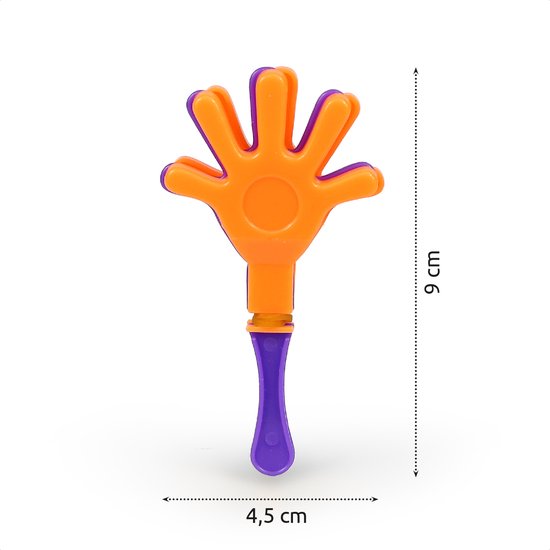 Klaphandje oranje met paarse handjes en handvat, 9 cm hoog en 4,5 cm breed.