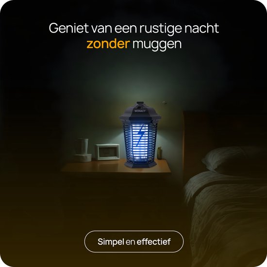 Zwarte Wonact muggenlamp met blauwe gloed op een nachtkastje naast een bed.