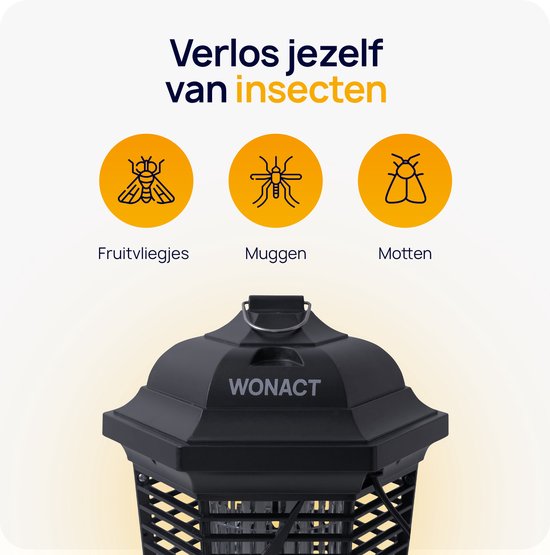 Iconen van fruitvliegjes, muggen en motten naast een zwarte Wonact muggenlamp.