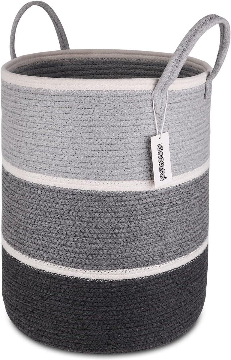 Goedkoopste Geweven wasmand met handgrepen - katoenen touw wasmand voor deken vuile kleding - 41 x 51 cm - grijs & wit - kerstcadeaus - speelgoedopslag