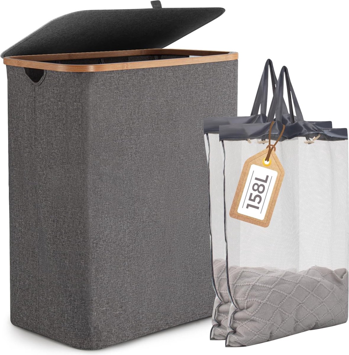 Goedkoopste Wasmand - 158L Wasmand met Deksel - Opvouwbare Kledingmanden - Oxford Doek Wasverzamelaar - 3 Uitneembare Waszakken - Bamboe Wasemmer - Bewaar Dekens Handdoeken - Grijs