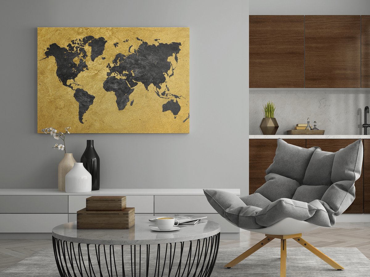 Trendex Global Canvas Schilderij - Wereldkaart - Goud en Zwart - 120x80x2 cm