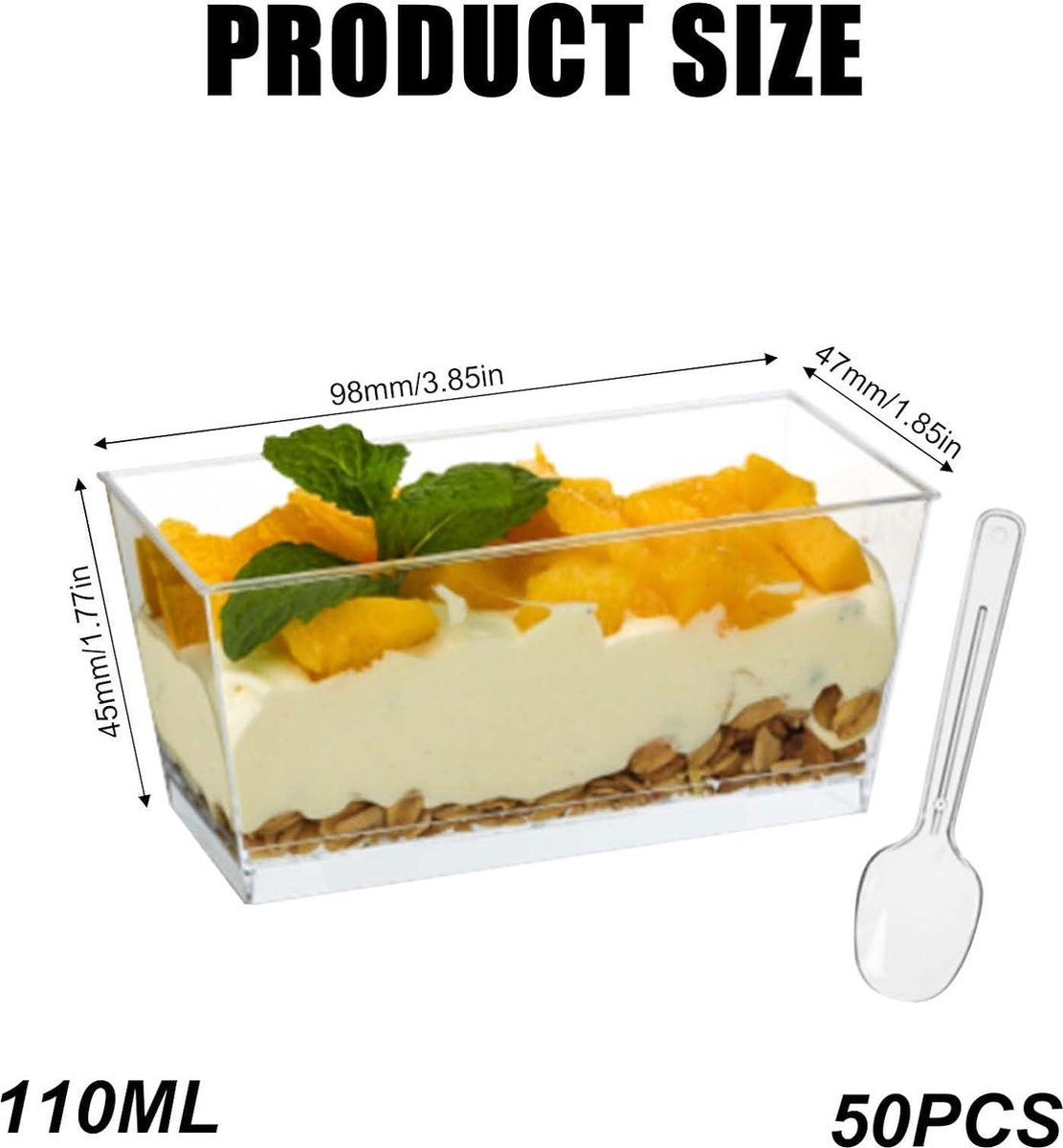 50 Coupes à Dessert Rectangulaires En Plastique - 140ml | Transparent, Réutilisable, Pour Pudding, Mousse, Fêtes