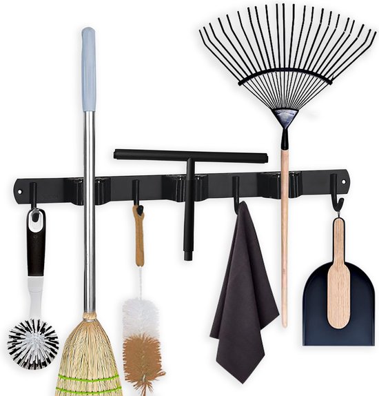 Porte-balais Mural En Acier Inoxydable - 2 Supports + 3 Crochets, Pour Outils De Jardin, Cuisine Ou Salle De Bain - 12
