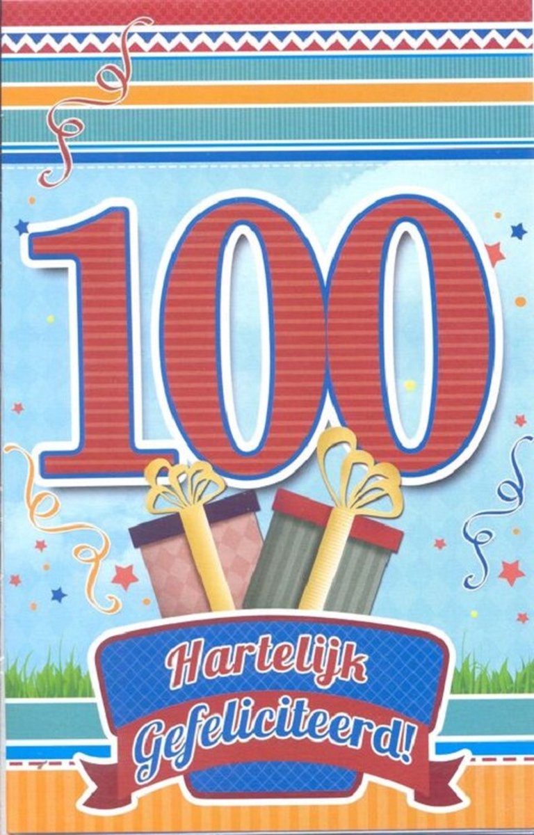 Wenskaart 100 Jaar Hartelijk Gefeliciteerd - D13179 - Luxe verjaardagskaart - 12x17cm - Gevouwen Wenskaart inclusief envelop - Leeftijdskaart