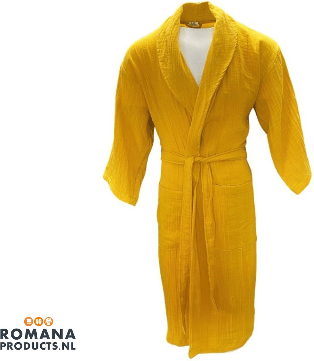 Romana Products Muslin - Badjas Unisex - Kamerjas - Ochtendjas - Oker Geel - Maat S/M - Katoen - Badmantel