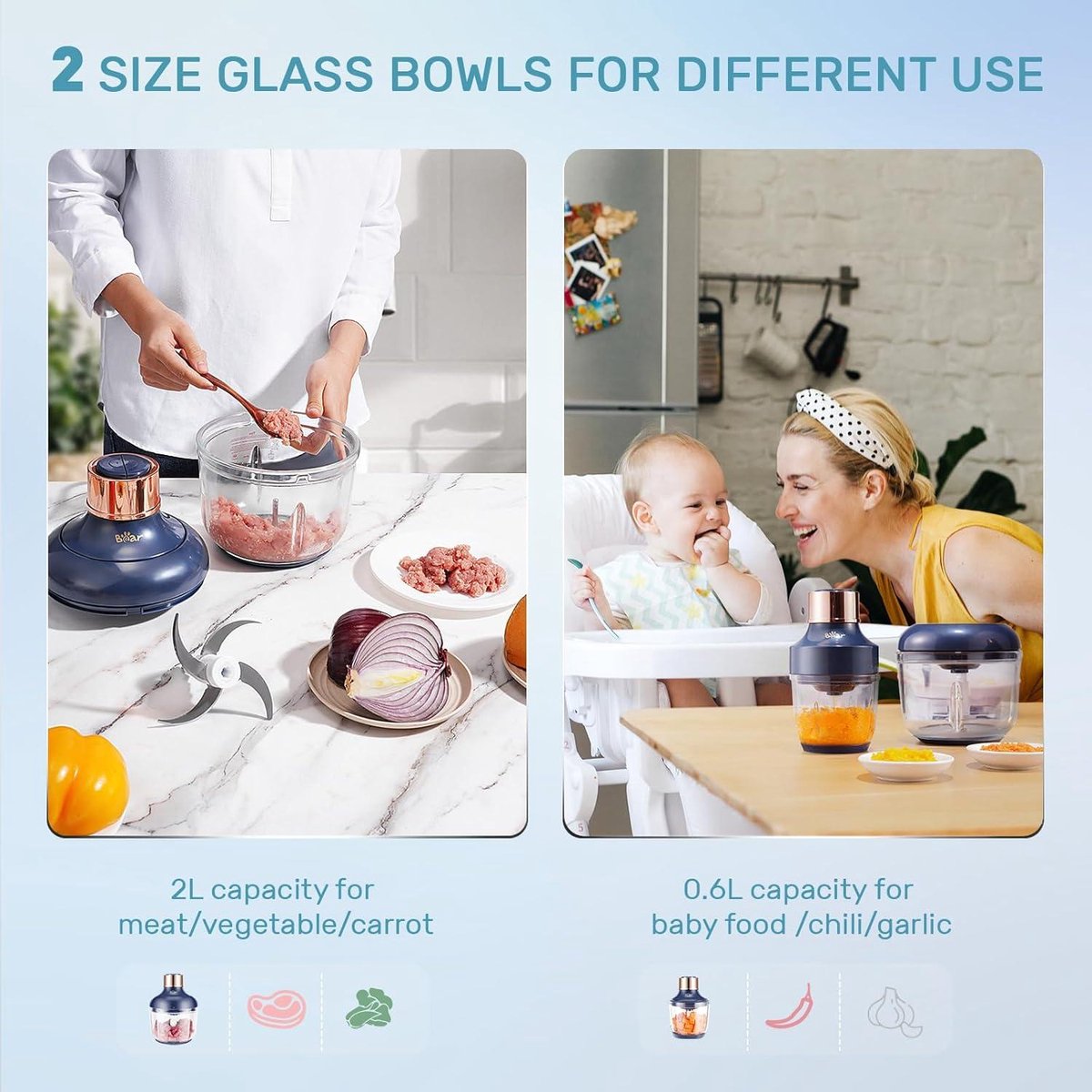 Bear 2 l 1,8 l vleesmolen, elektrisch, glas roestvrij staal, 600 W, 2 snelheden, hakselaar met 4 roestvrijstalen messen en vleesmolen, chopper voor vlees, babyvoeding, fruit, groenten