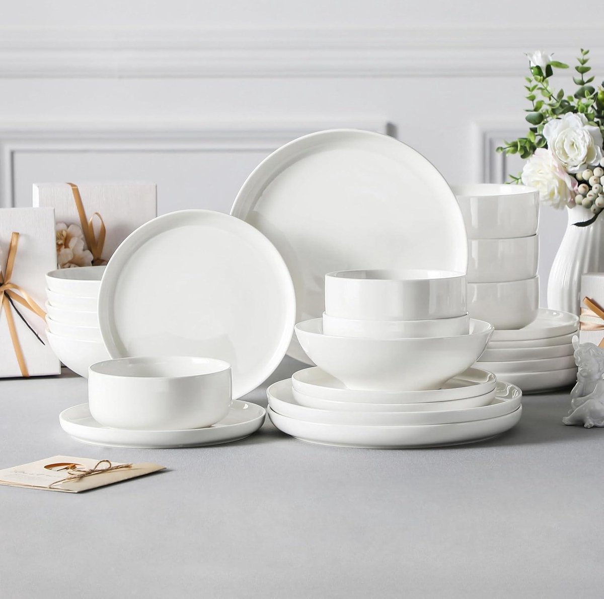 MALACASA, Series Felisa, 24-delig servies van porselein met 6 platte borden, 6 taartborden, 6 soepborden en 6 kommen voor 6 personen