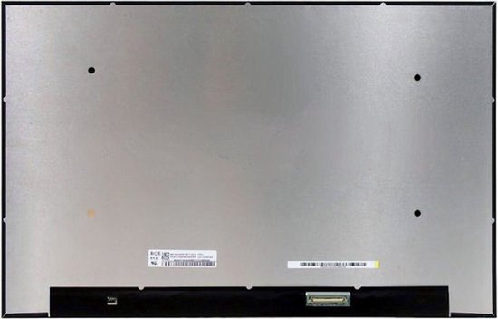 Achterzijde van een metalen LCD-scherm voor laptop met zichtbare barcode, typenummer en connector.