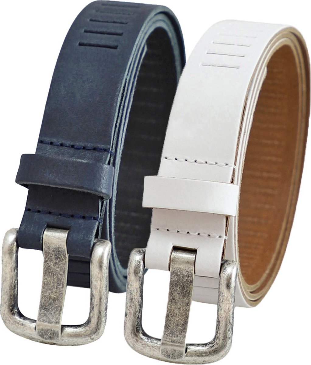 Landley Duopack met Leren Geperforeerde Riemen Smal - Voordeelset met 2 riemen - Breedte 3 cm - Dames en Heren - Blauw en Wit - Lengte totaal 110 cm / Riemmaat 95