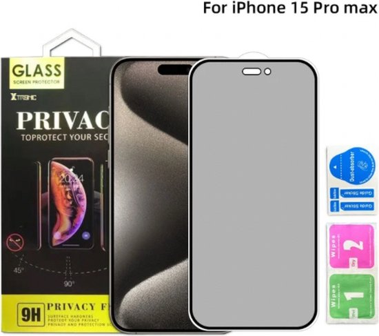 Screenprotector geschikt voor iPhone 15 Pro Max - Extra Sterk en Veilig 9H Geharde Glasbescherming - Screenprotector Privacy
