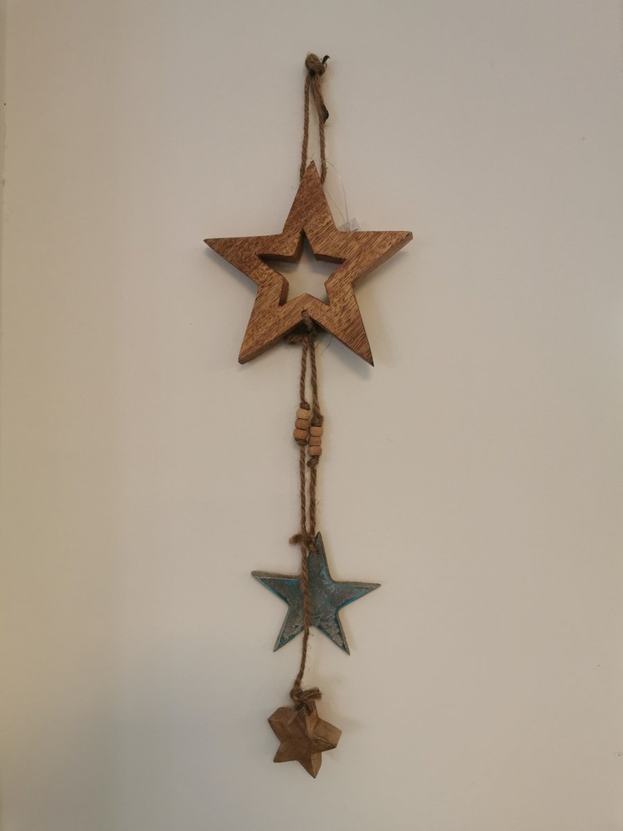 Hanger - Sterretjes - 53x15x3cm - Bruin - Aluminium - Mango hout.