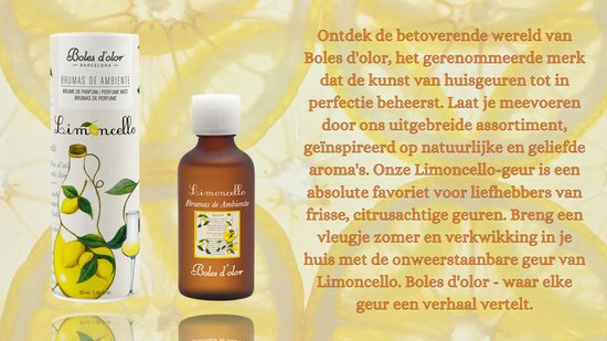 Een bruine glazen flesje met Boles d'olor Limoncello parfum. Naast het flesje een kartonnen verpakking met een afbeelding van citroenen en een glas limoncello.