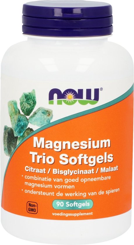 Foto: Now foods magnesium trio softgels magnesium citraat bisglycinaat malaat 90 tabletten