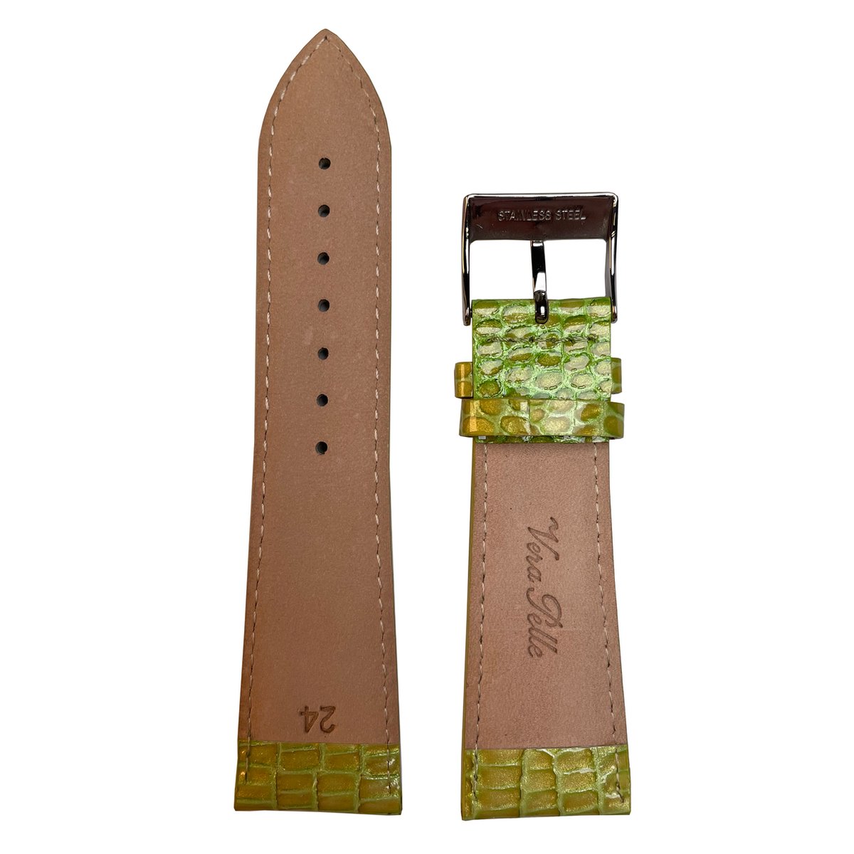 Horlogeband - 24mm - Groen - Echt leer in slangen print - Roestvrijstalen gesp