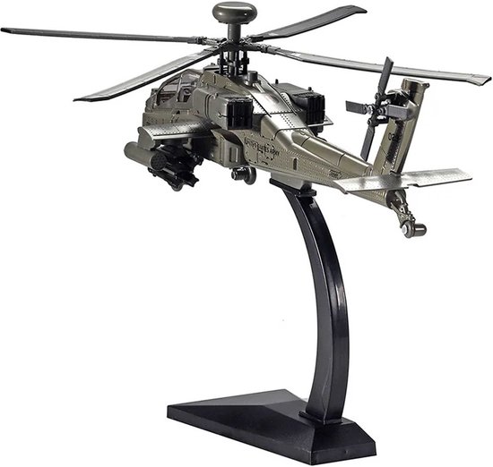 Gedetailleerd Apache helikopter schaalmodel met 'United States Army' opschrift, op standaard.