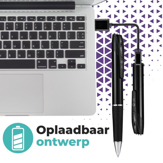 Zwarte pen met camera op te laden via USB-kabel aan een laptop. Tekst: 'Oplaadbaar ontwerp'.