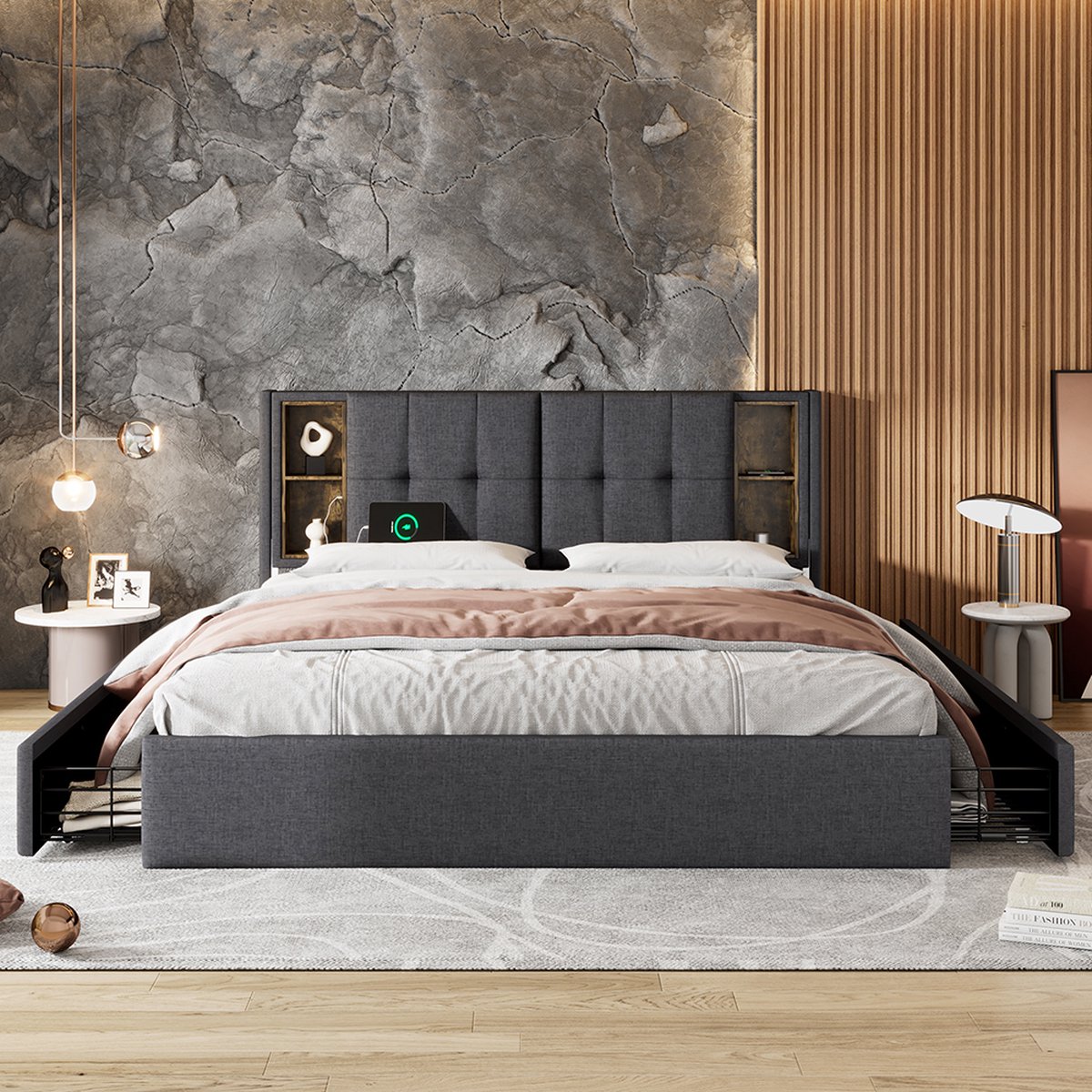 KOMHTOM Tweepersoonsbed 160x200cm Volwassenen Bed met 4 lades fluwelen Gris Grijs