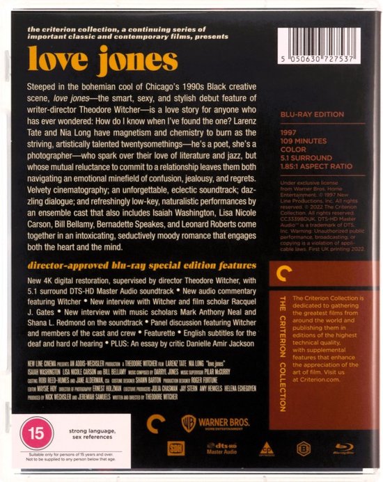 Love Jones Blu-ray editie met tekst over de film en een lijst met functies. Bevat een leeftijdsclassificatie van 15.