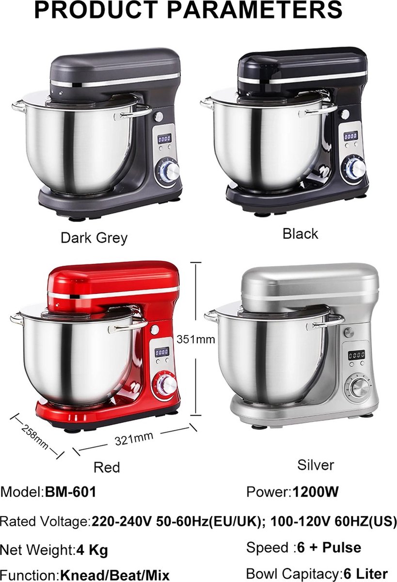 Biolomix Keukenmachine - Keukenmixer - Foodprocessor - Mixer - Blender - Stille motor - Keukenmachines - Mixer met mengkom - Mixers - 6L kom - 1200W - Grijs — afbeelding 2