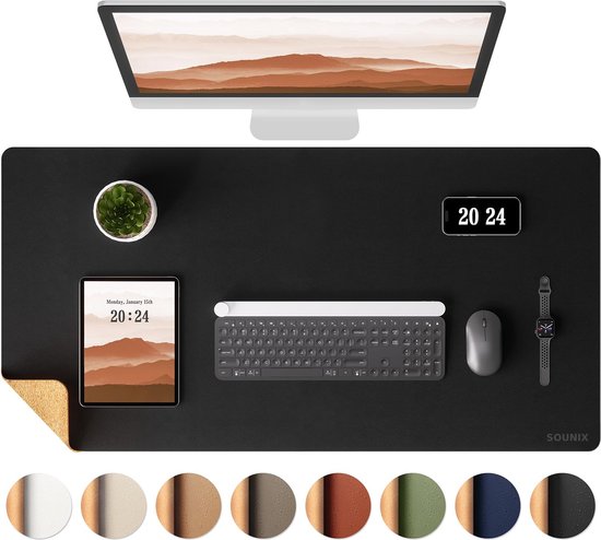 Sounix Dubbelzijdige Bureau Onderlegger - Bureaumat Kunstleer - 90x45 CM - Muismat XXL - Onderleggers - Bureau Organizer - Zwart