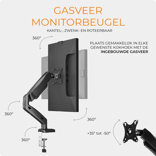 Zwarte gasveer monitorbeugel, kantelbaar, zwenkbaar en roteerbaar.