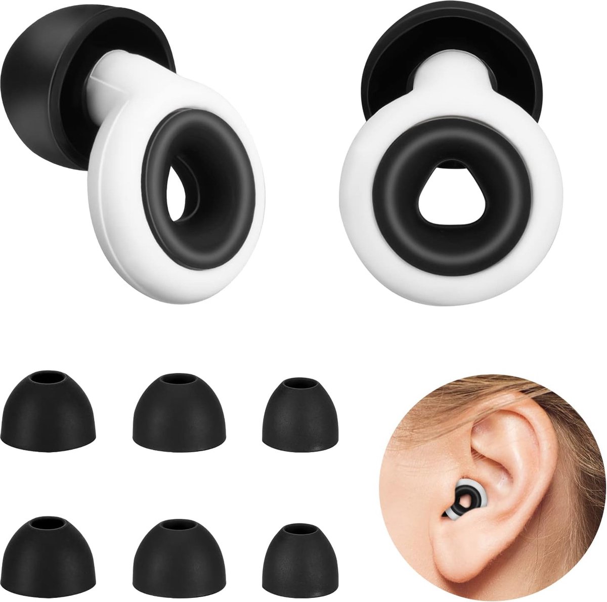 Goedkoopste Oordopjes voor Slapen - Earplugs - Geluiddempende Herbruikbare Silicone Waterdichte Oordopjes - Comfortabele en Zachte Gehoorbescherming - Ideaal voor Slapen, Werken en Zwemmen - Inclusief 6 Oordopjes in Verschillende Maten (Zwart en Wit) - 3 Maten