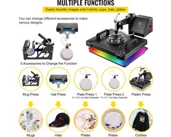 Wildor® Warmte Pers Machine - Heat Press - 5 in 1 - Drukker - Kleding Bedrukken - Mok Berukken - Petten Bedrukken - Plaat, T-shirt - En nog veel meer - Zwart